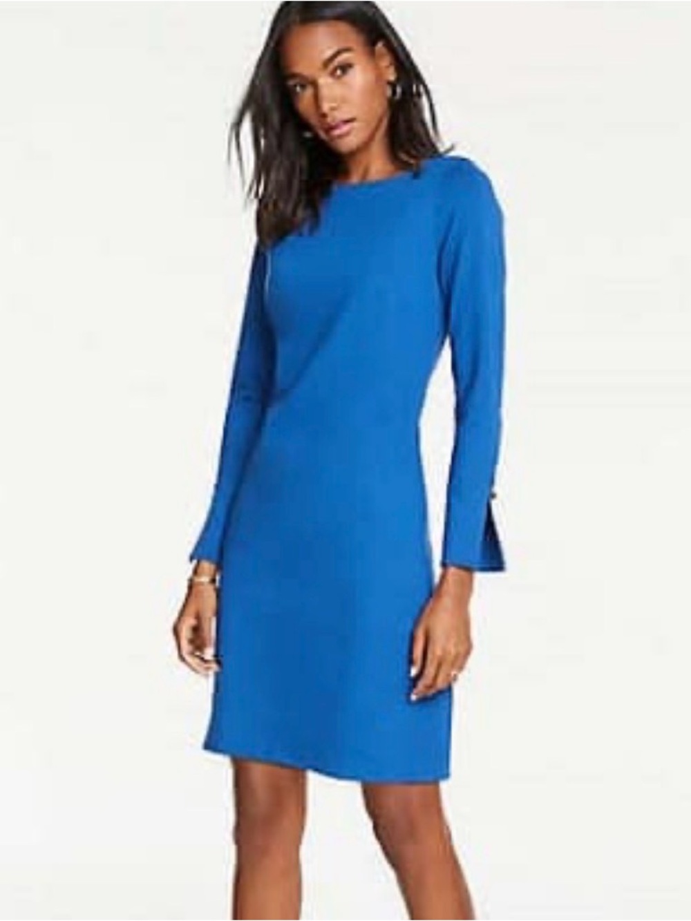 NWT. Ann Taylor Royal Blue Long-Sleeve Shift Dress Gold Button Detail. Large